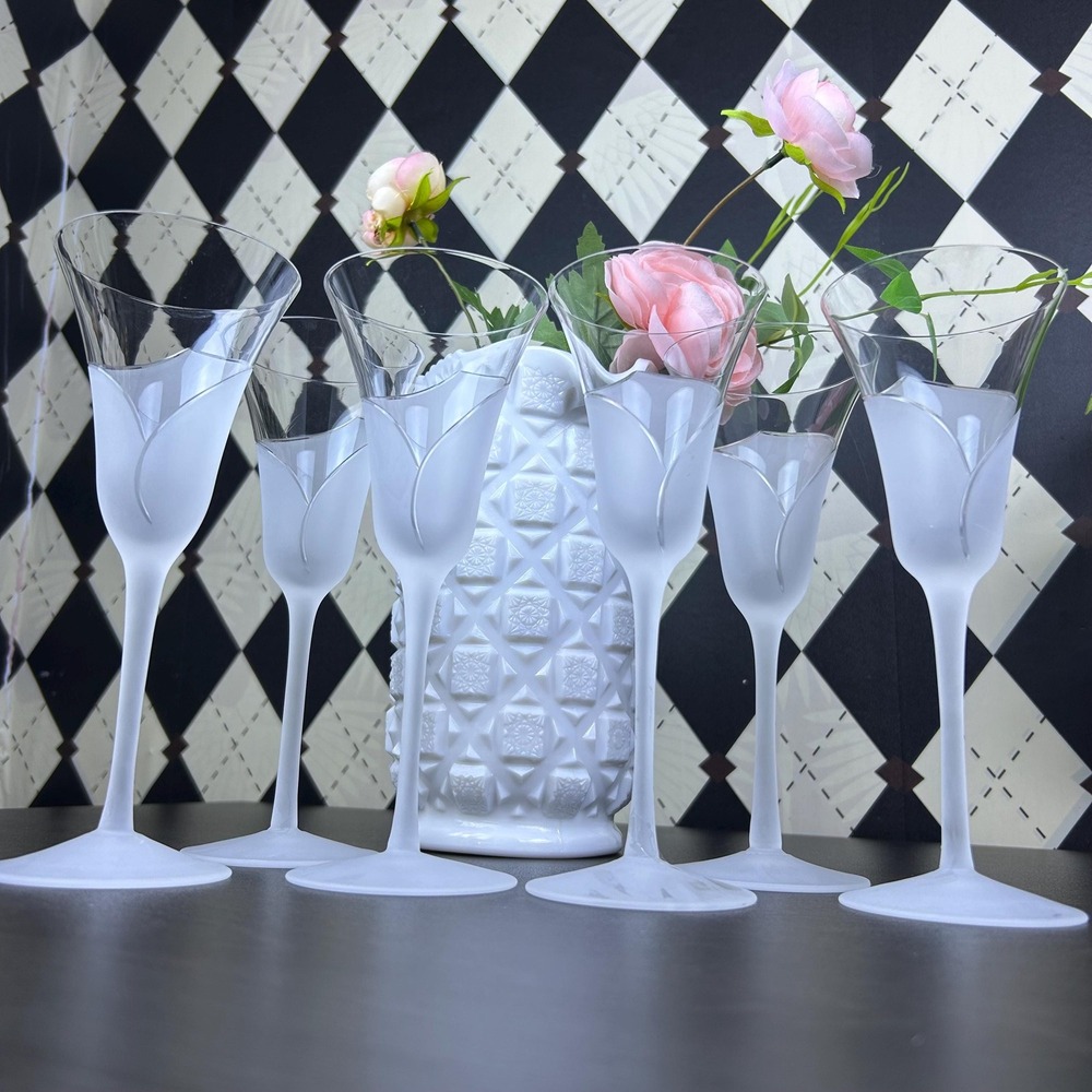 Vintage Sasaki Hana Flutes Frosted Floral Stem Champagne Glasses Set 6 Celestial - Picture 13 of 17